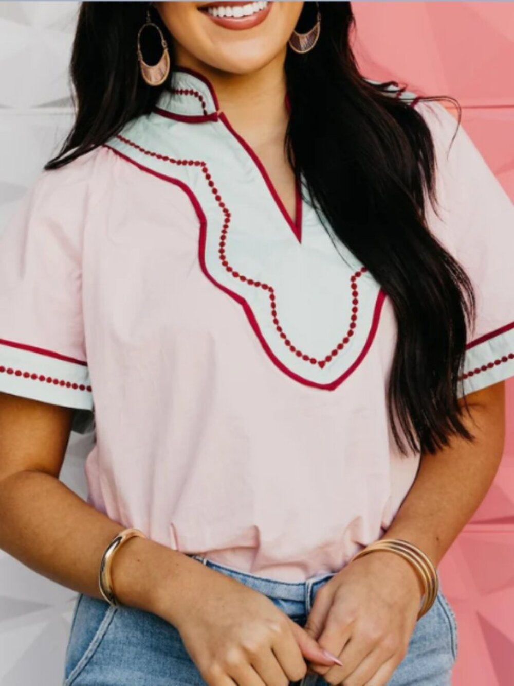 NWT Women's THML Light Pink Embroidered Contrast Trim Blouse Top - Small - Picture 4 of 6